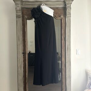 Marina black mermaid style one shoulder ruffle dress